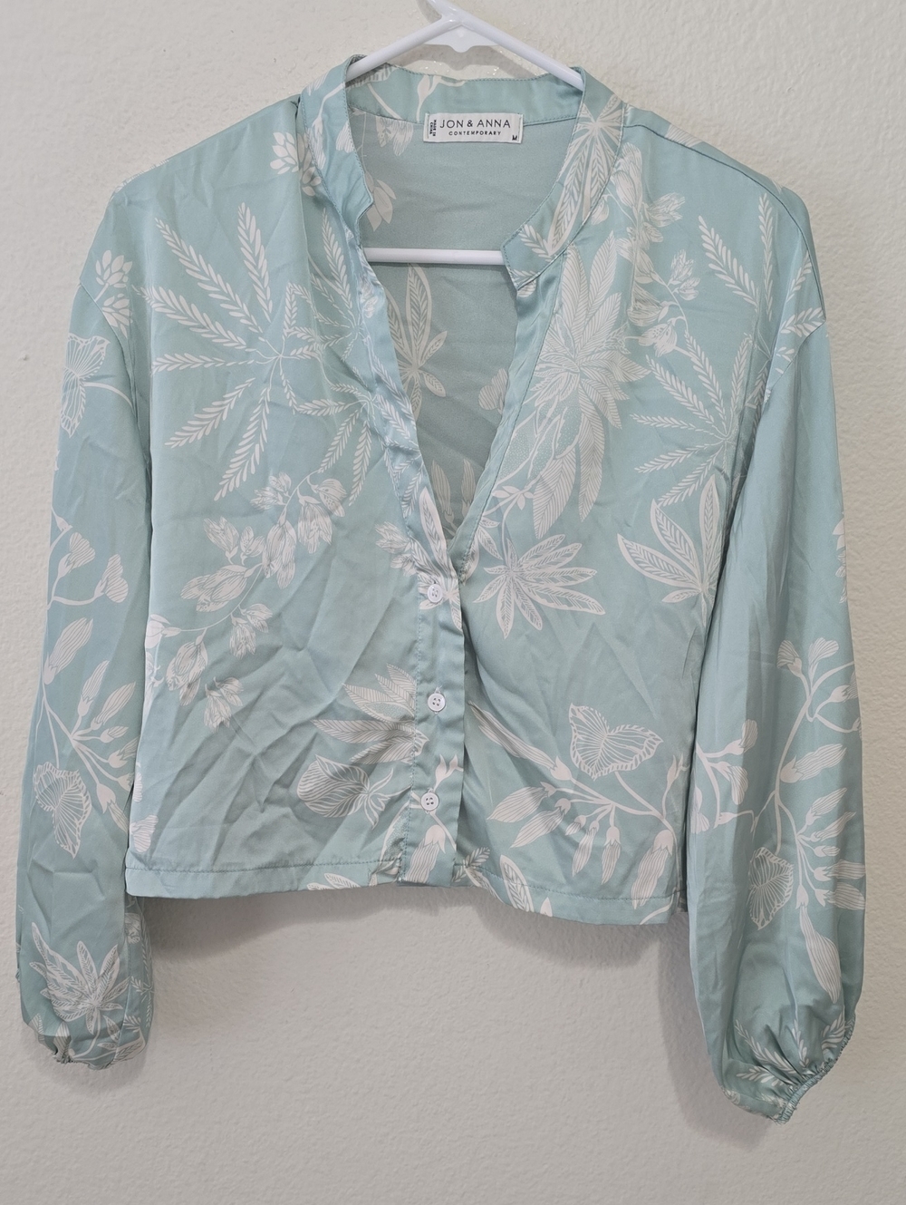Jon & Anna Pale Blue Botanical Button-Front Blouse M